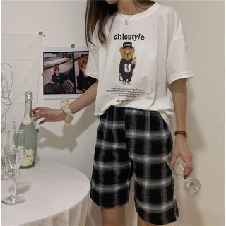 Short-sleeve Bear Printed T-shirt + High-waist Plaid Shorts
