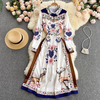 Color Block Print Long-sleeve Dress