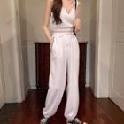 Set: Contrast Trim Cropped Camisole + Cropped Harem Pants White - One Size