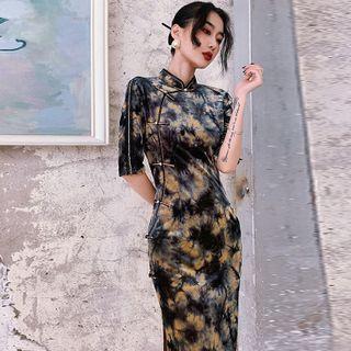 Elbow-sleeve Tie Dye Qipao