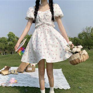 Puff-sleeve Flower Print A-line Dress White - One Size