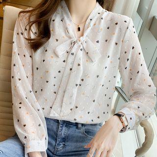 Ribbon Tie-neck Heart Print Chiffon Blouse