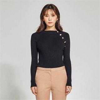 Diagonal-button Saddle-shoulder Knit Top