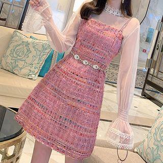 Set: Long-sleeve Mesh Top + Sleeveless Sequined Tweed A-line Dress