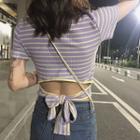 Striped Tie-back Short-sleeve Cropped Top As Shown In Figure - One Size