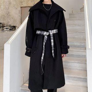 Double Breasted Gingham Panel Woolen Coat