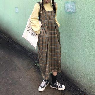 Long-sleeve Plain Blouse / Sleeveless Plaid Dress