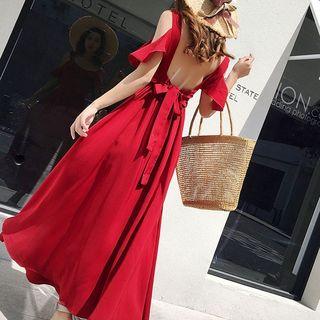 Cold-shoulder Ruffled Open-back Maxi A-line Dress