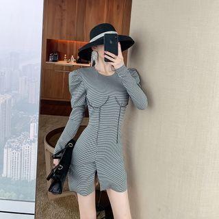 Puff-sleeve Houndstooth Slit Mini Bodycon Dress