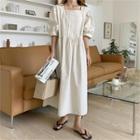Puff-sleeve Pintuck-trim A-line Dress