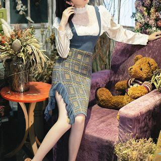 Set: Long-sleeve Lace Panel Top + Patterned Knit Pinafore Dress
