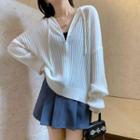 Ribbed Zip Hooded Cardigan White - One Size
