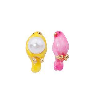 Fashion Cute Plated Gold Enamel Bird Asymmetrical Stud Earrings With Imitation Pearls Golden - One Size