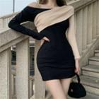 One-shoulder Two-tone Mini Sheath Dress Black - One Size