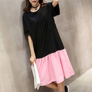 Color Panel Elbow Sleeve T-shirt Midi Dress