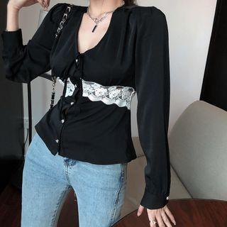 V-neck Button-up Lace Trim Blouse Top Black Top - One Size