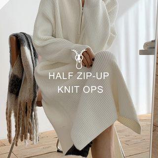 Turtle-neck Zip-detail Ribbed Dress