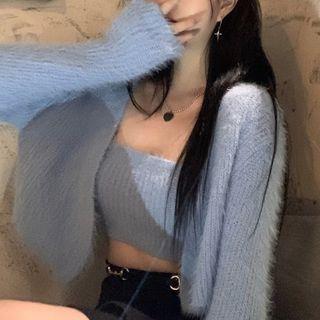 Set: Knit Tube Top + Cardigan Set - Top - Blue - One Size / Cardigan - Blue - One Size
