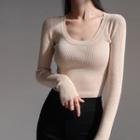 Plain U-neck Long-sleeve Rib-knit Top