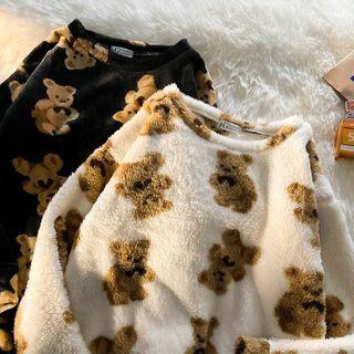 Round-neck Printed Bear Faux Shearling Oversize Sweatshirt