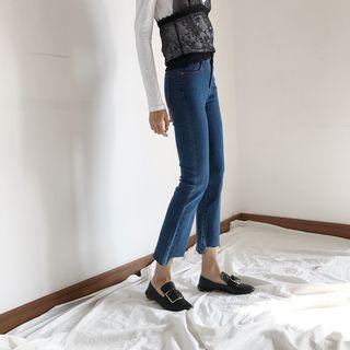 Cropped Distressed Hem Boot Cut Jeans