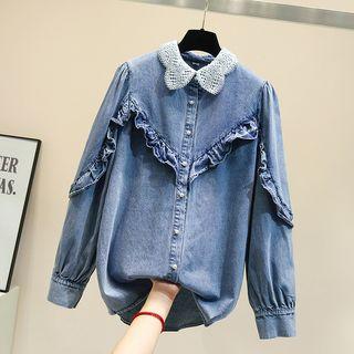 Denim Frill-trim Shirt Blue - One Size