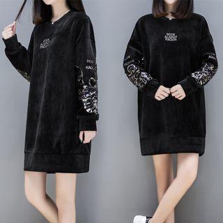 Lettering Embroidered Sequined Mini Velvet Pullover Dress
