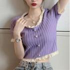 Short-sleeve Lace Trim Cropped Knit Top