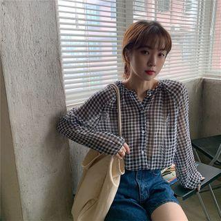 Long-sleeve Buttoned Sheer Checked Top