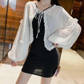 Set: Frilled Trim Lace-up Light Jacket + Spaghetti Strap Mini Dress Jacket - White - One Size / Dress - Black - One Size