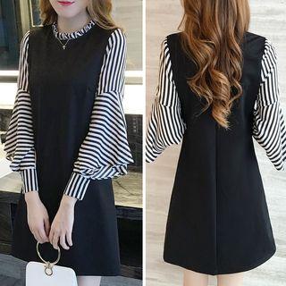 Mock Two-piece Long-sleeve Striped Panel Mini A-line Dress