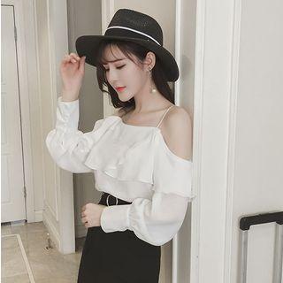 Off-shoulder Chiffon Shirt White - One Size