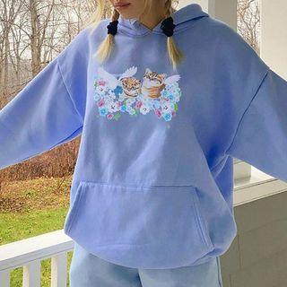 Cat Printed Long Sleeve Hoodie