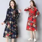 Flower Print Long-sleeve Mandarin Collar A-line Dress
