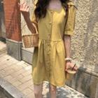 Elbow-sleeve Buttoned A-line Dress Light Yellow - One Size