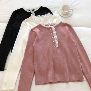 Plain Crewneck Panel Lace Long-sleeve Knit Top