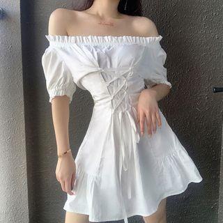 Short-sleeve Lace-up Frill Trim A-line Mini Dress