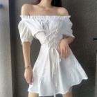 Short-sleeve Lace-up Frill Trim A-line Mini Dress