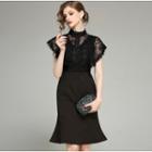 Lace Panel Short-sleeve Ruffle Hem Sheath Dress