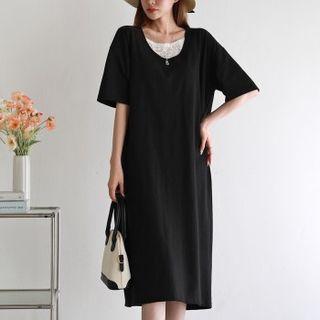 U-neck Lace-layered Midi Dress