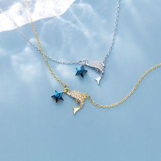925 Sterling Silver Rhinestone Star & Dolphin Pendant Necklace