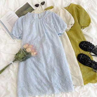 Puff-sleeve Plain Embroidered Dress