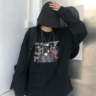 Anime Print Long-sleeve T-shirt Black - One Size
