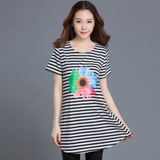 Flower Print Striped Short Sleeve T-shirt