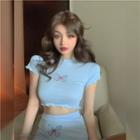 Set: Short-sleeve Butterfly Embroidered Cropped T-shirt + Pencil Skirt