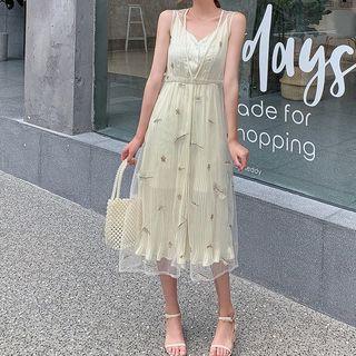 Set: Spaghetti Strap Midi A-line Dress + Embroidered Sleeveless Open Front Long Mesh Vest