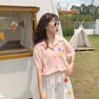 Short-sleeve Button-down Shirt / Short-sleeve T-shirt / Flower Applique Midi Skirt