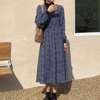 Long-sleeve Flower Print Midi A-line Dress Blue - One Size