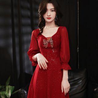 Elbow-sleeve Bow Accent A-line Evening Dress