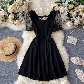 Square-neck Mesh Puff-sleeve Dress